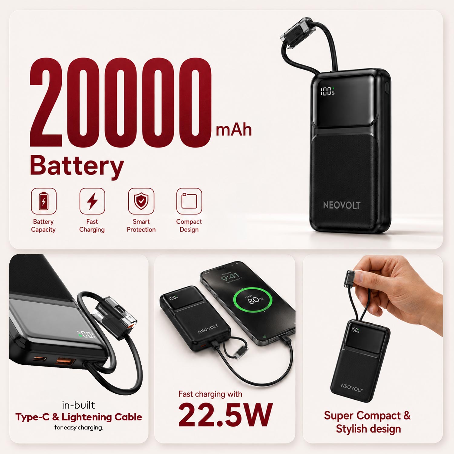 Neovolt 20000mAh 22.5W Compact Fast Charging Power Bank