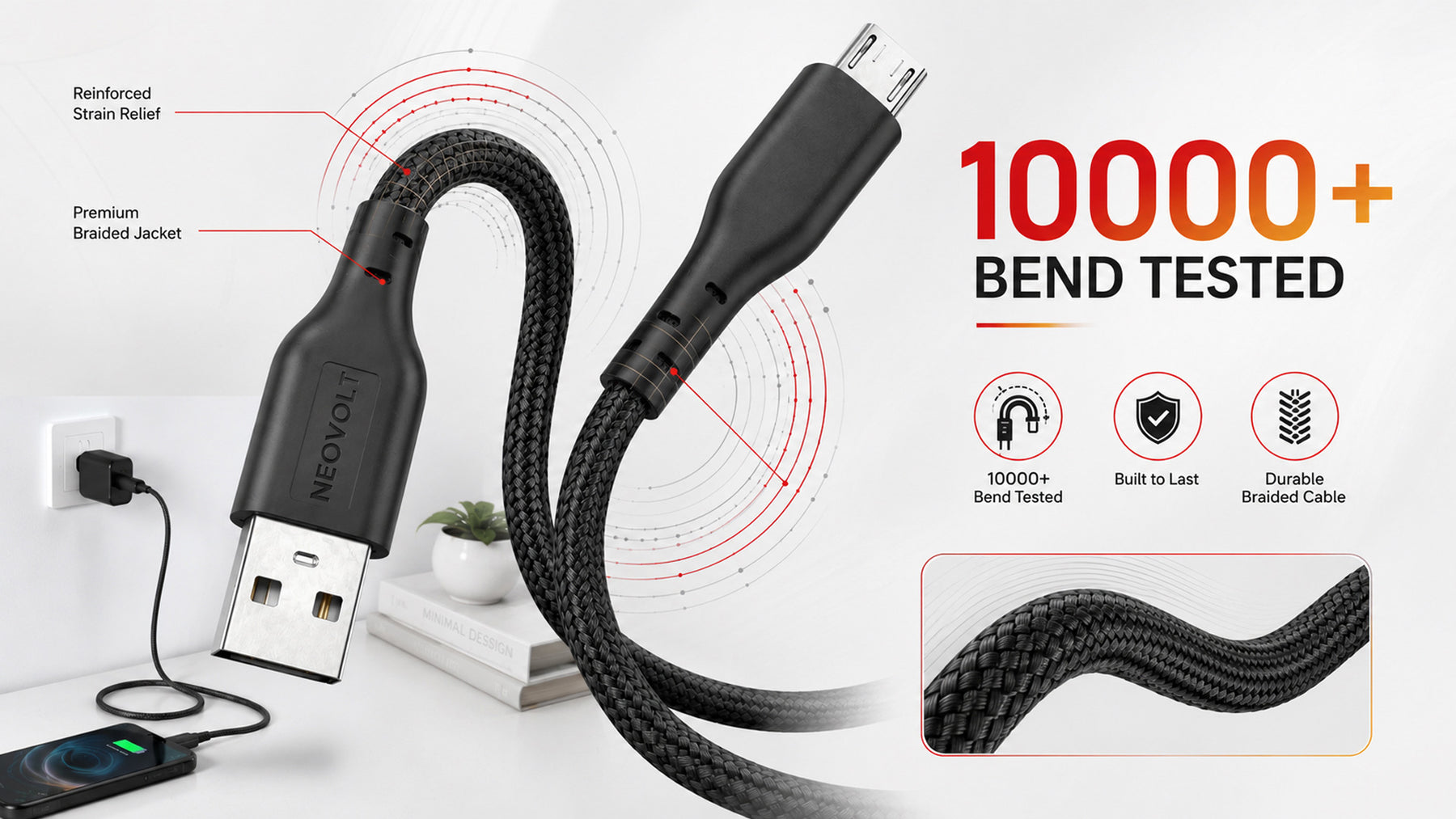 Neovolt USB A to Micro USB braided cable with 1.5m length