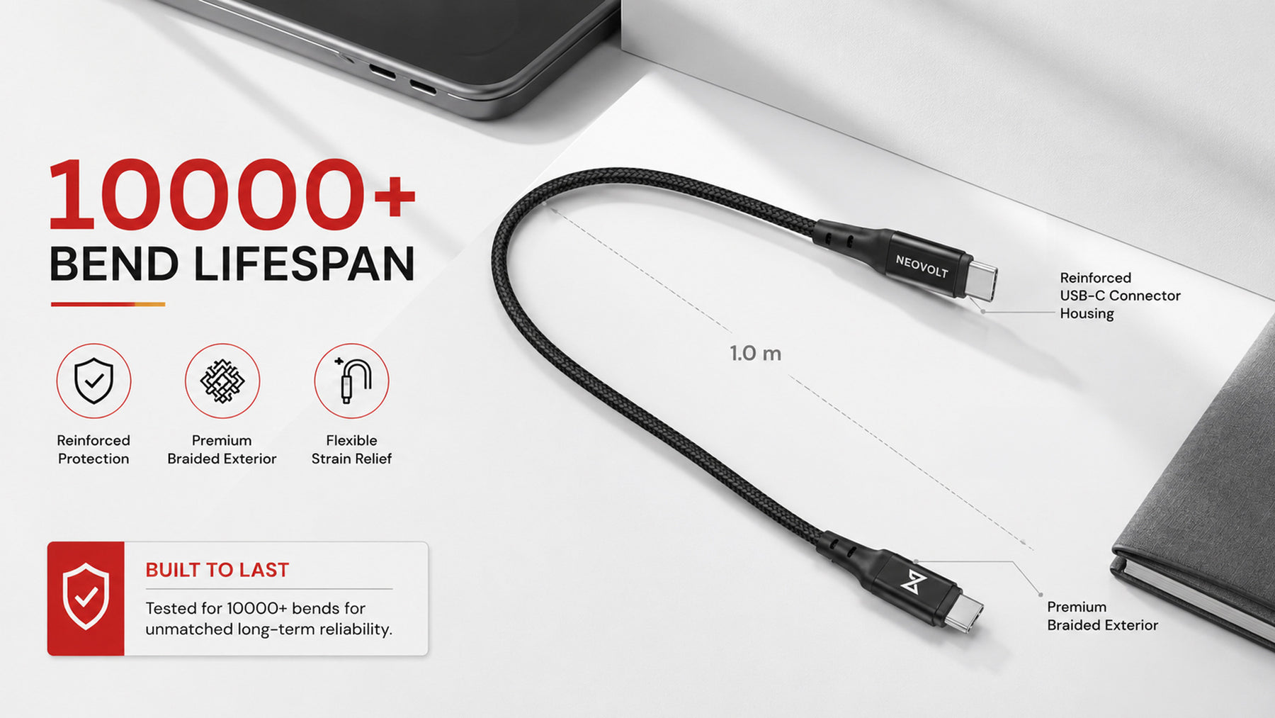 Neovolt Type C to Type C braided cable with 1.5m length