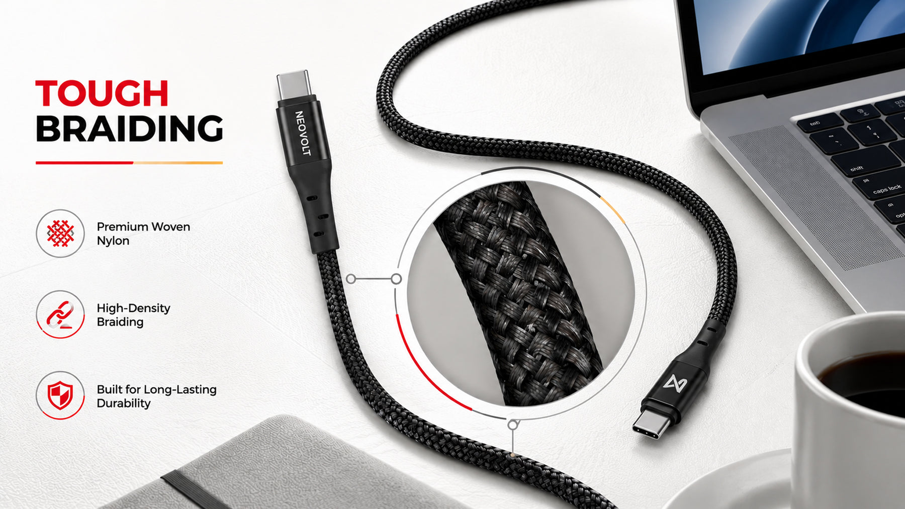 Neovolt Type C to Type C braided cable with 1.5m length