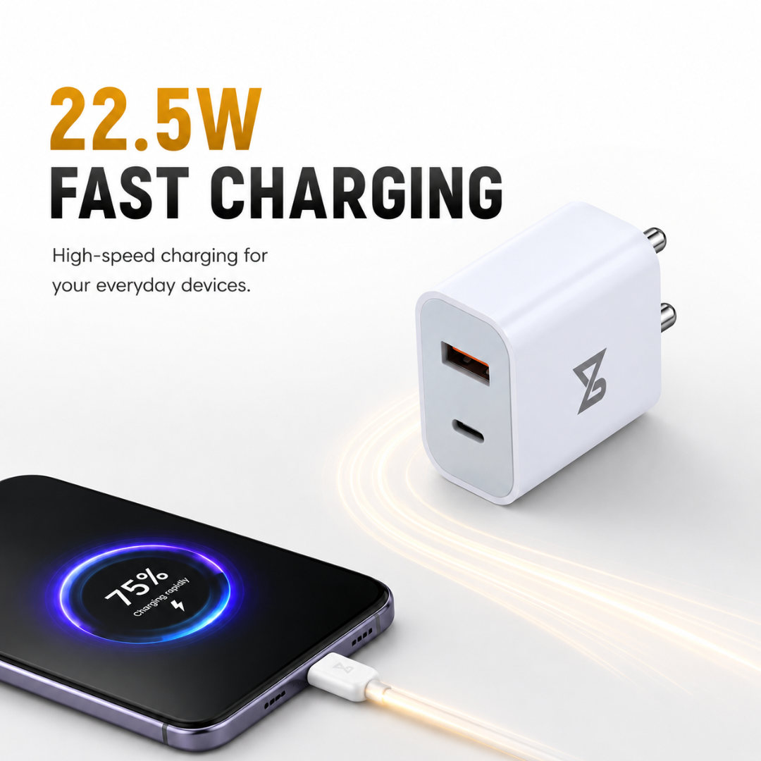 Neovolt 22.5W USB-A + Type-C Fast Charging Adapter, White