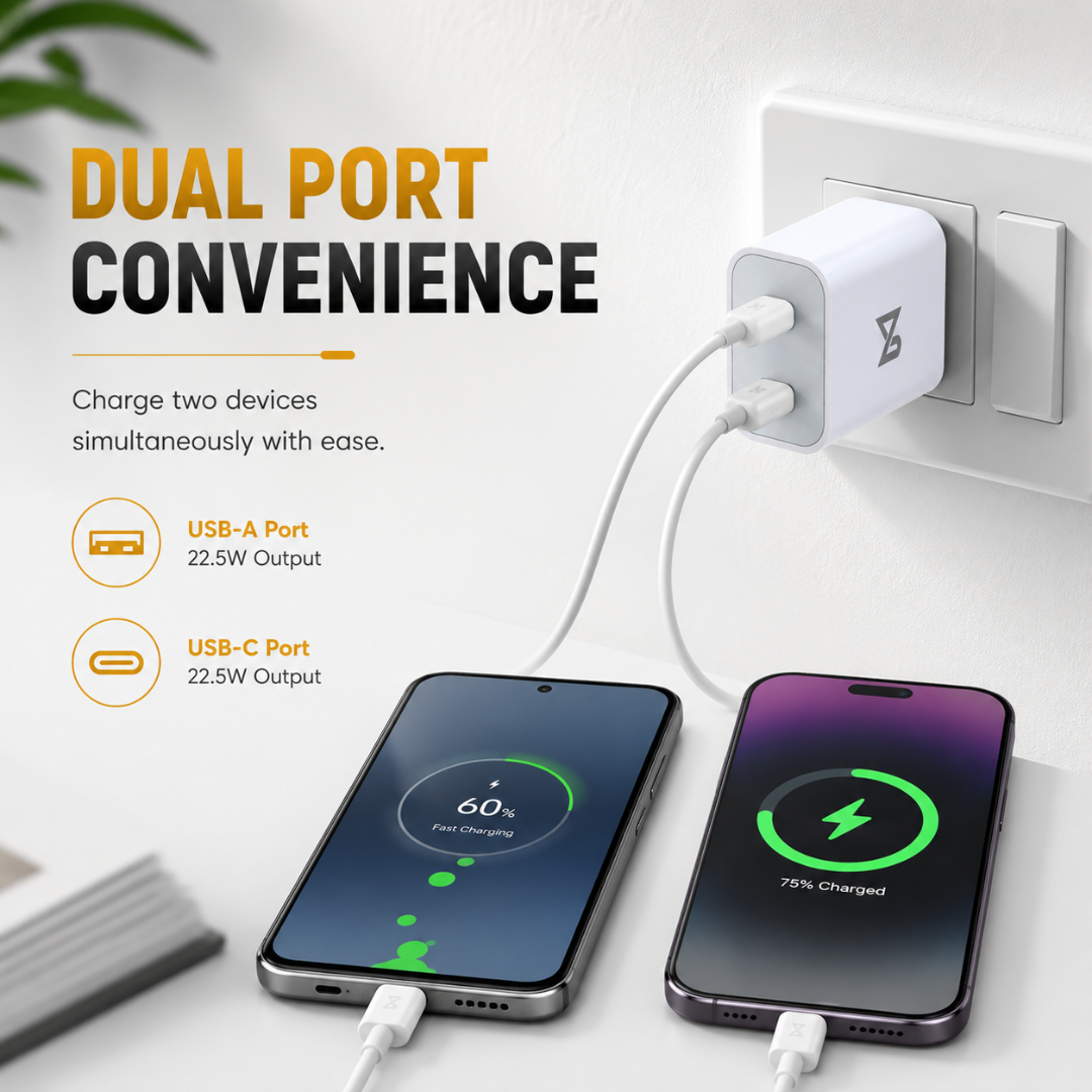 Neovolt 22.5W USB-A + Type-C Fast Charging Adapter, White