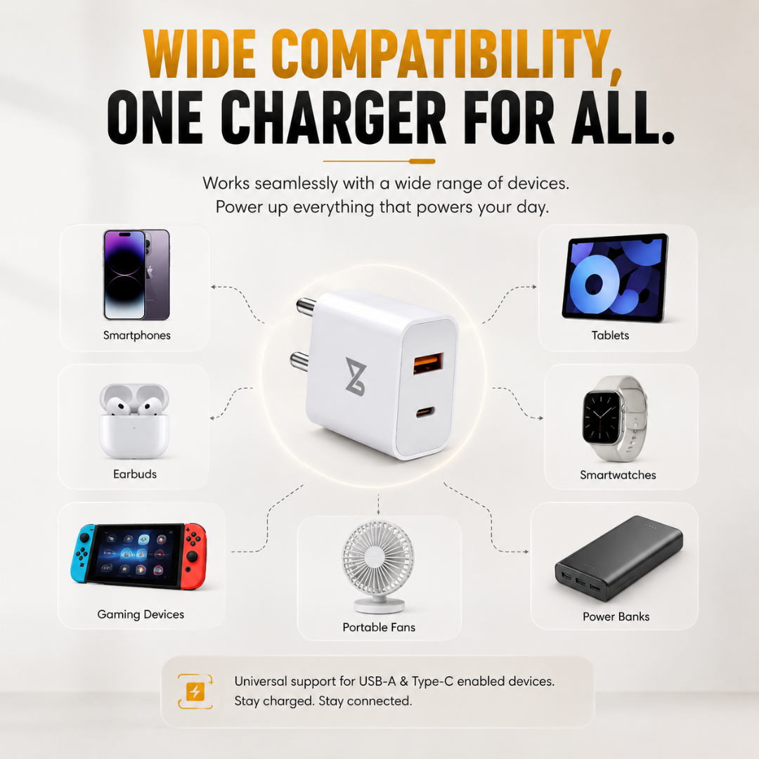 Neovolt 22.5W USB-A + Type-C Fast Charging Adapter, White