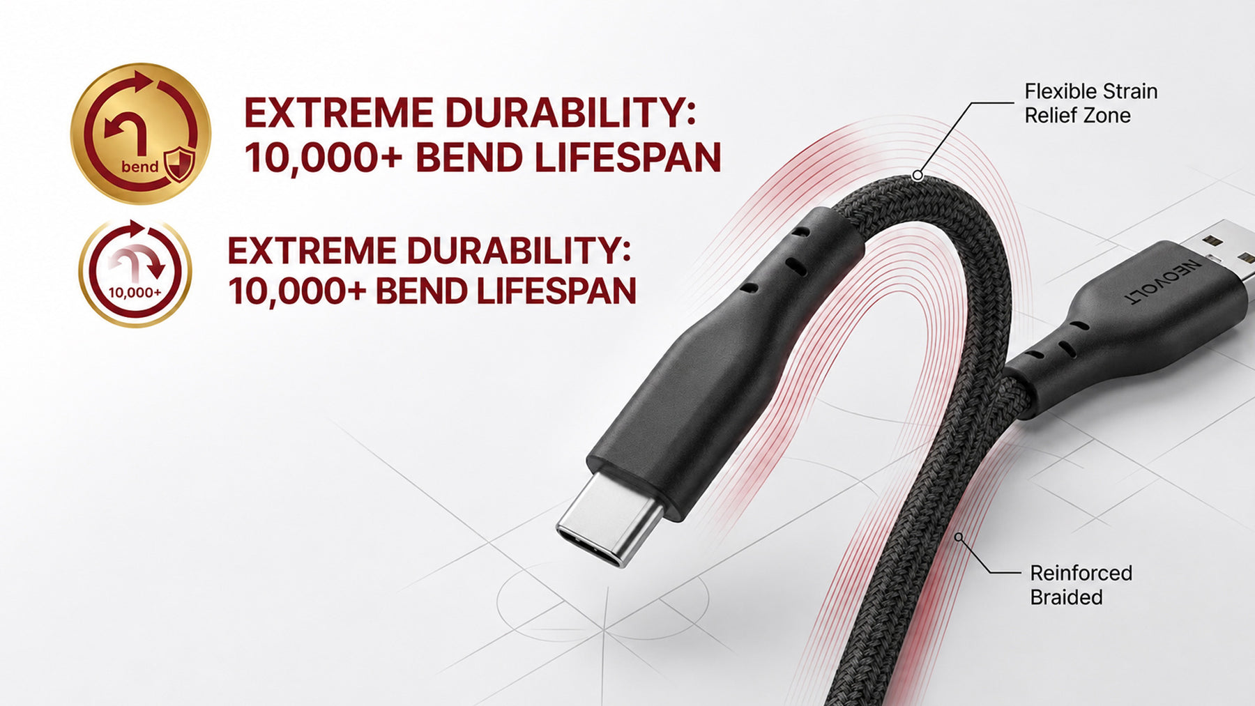 Neovolt USB A to Type C braided cable with 1.5m length