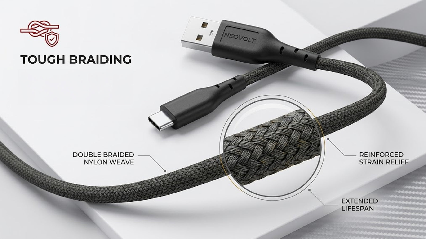 Neovolt USB A to Type C braided cable with 1.5m length