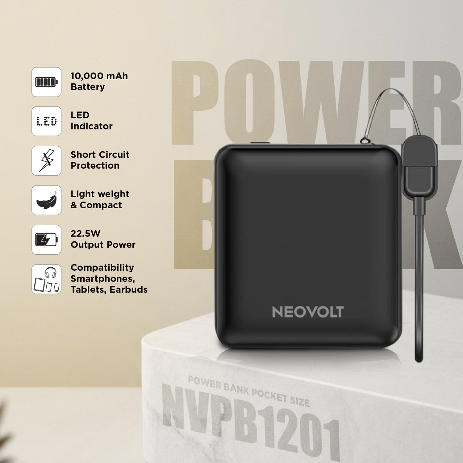 Neovolt 10000mAh Pocket Power Bank with 22.5W Fast Charging