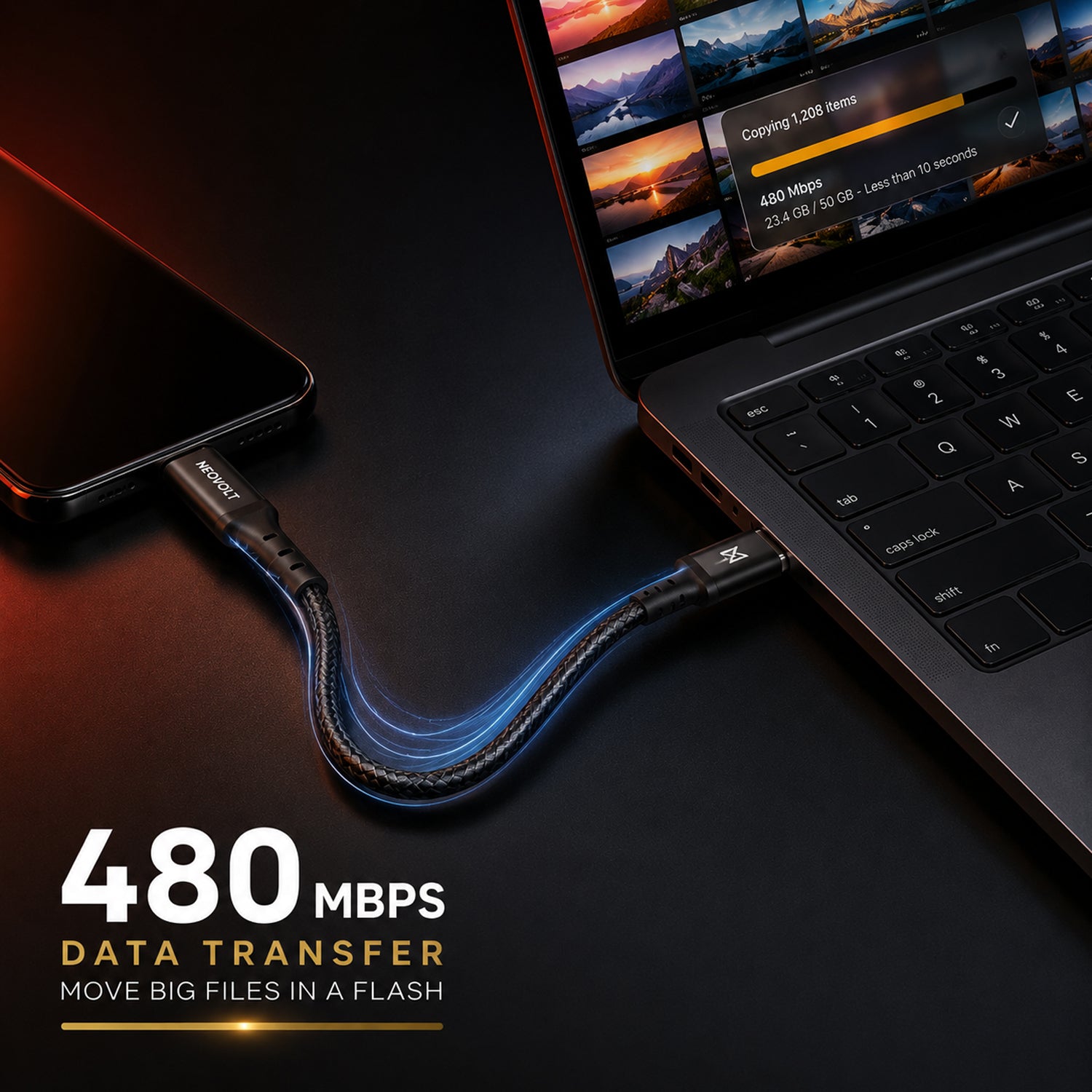 Neovolt Type C to Lightning braided cable with 1m length